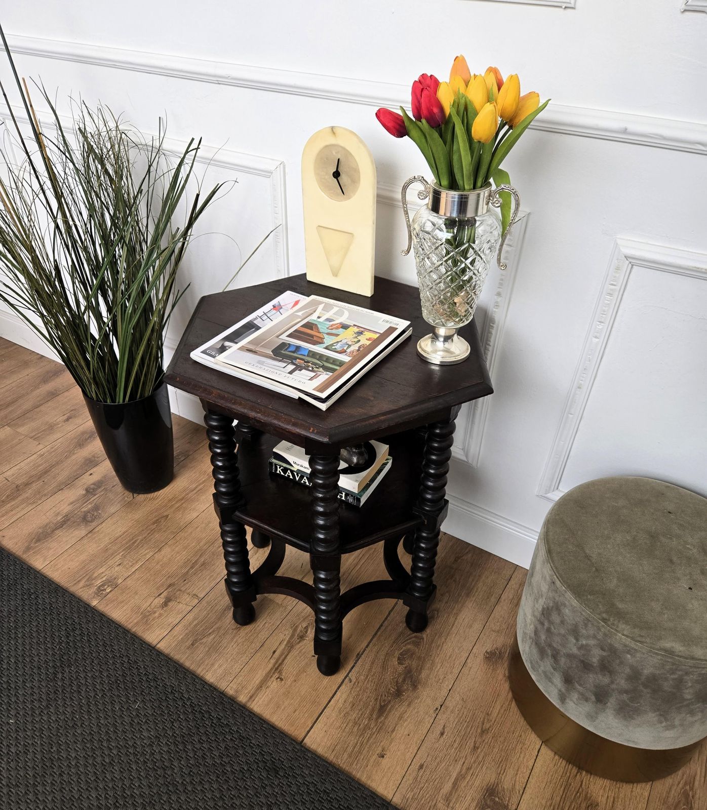 Antique Italian Hexagonal Walnut Side Table Or Stool With Bobbin Turned Legs photo for sale
