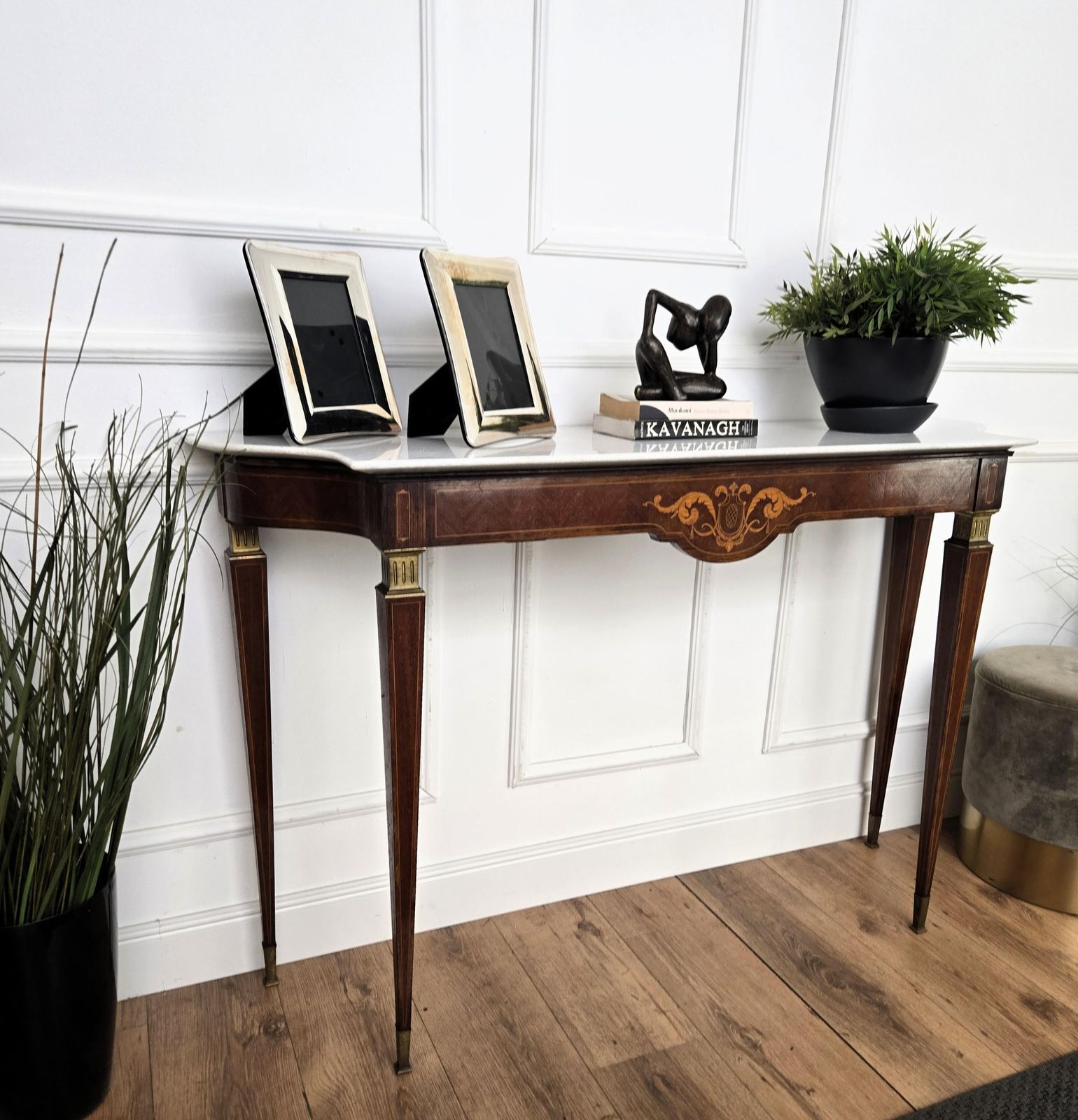 1950s Midcentury Italian Inlay Wood Brass Wall Console Table With Marble Top photo for sale