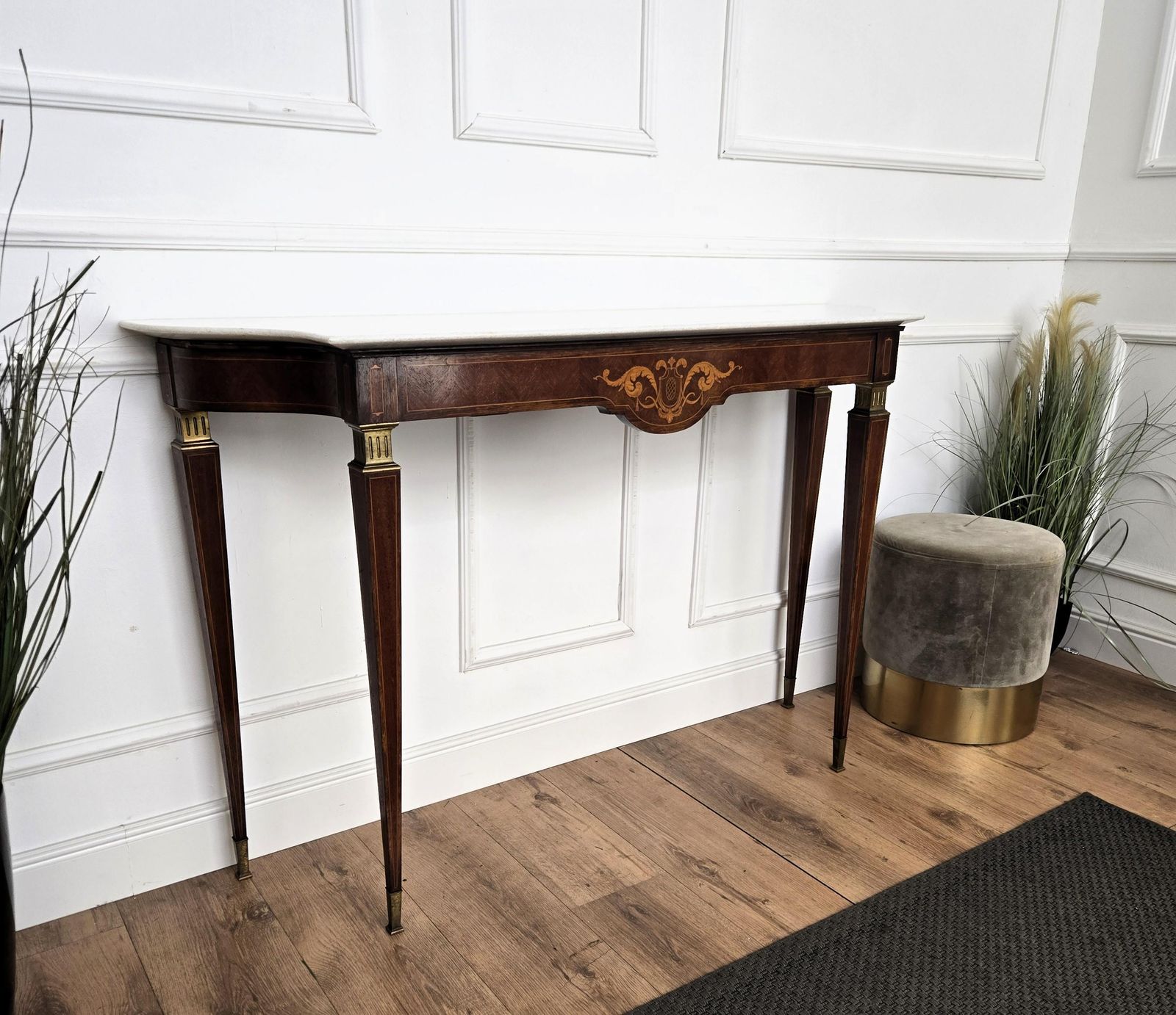 1950s Midcentury Italian Inlay Wood Brass Wall Console Table With Marble Top photo vinterior