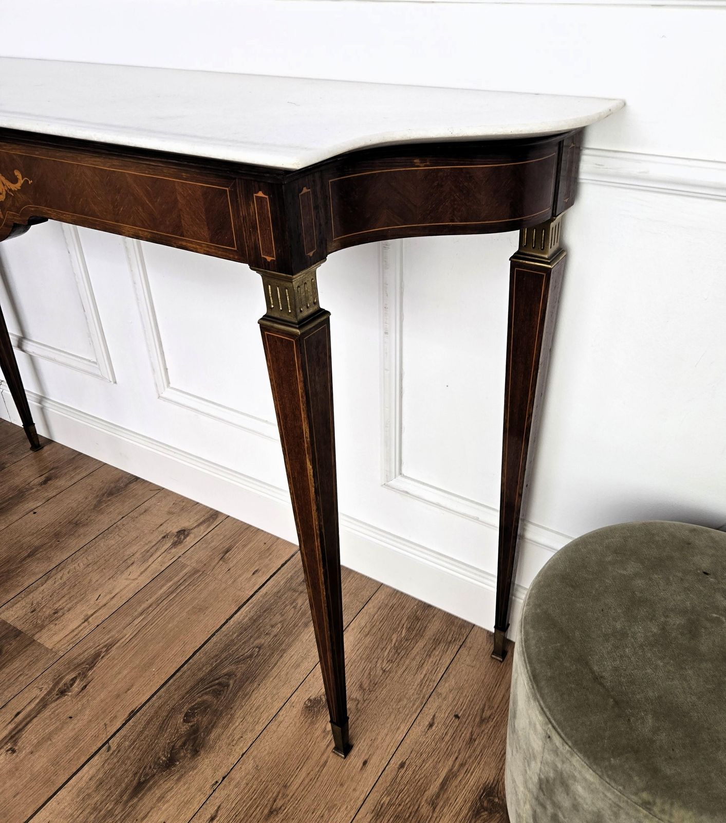 photo furniture 1950s Midcentury Italian Inlay Wood Brass Wall Console Table With Marble Top