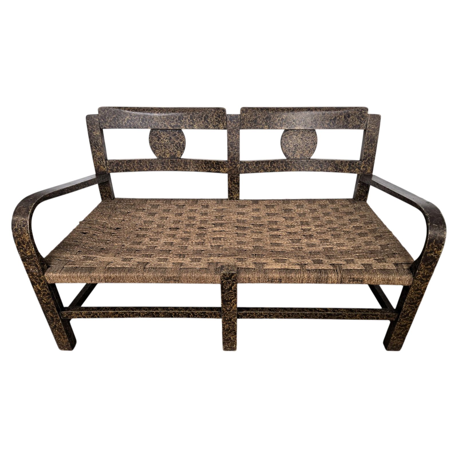 1960s Italian Midcentury Burl Wood And Cord Woven Rope Lounge Bench Armchair