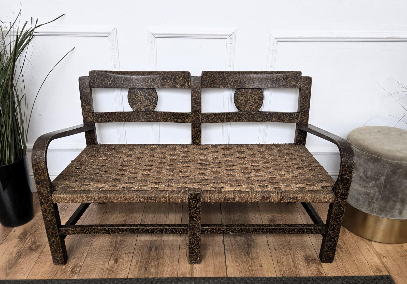 1960s Italian Midcentury Burl Wood And Cord Woven Rope Lounge Bench Armchair photo for sale
