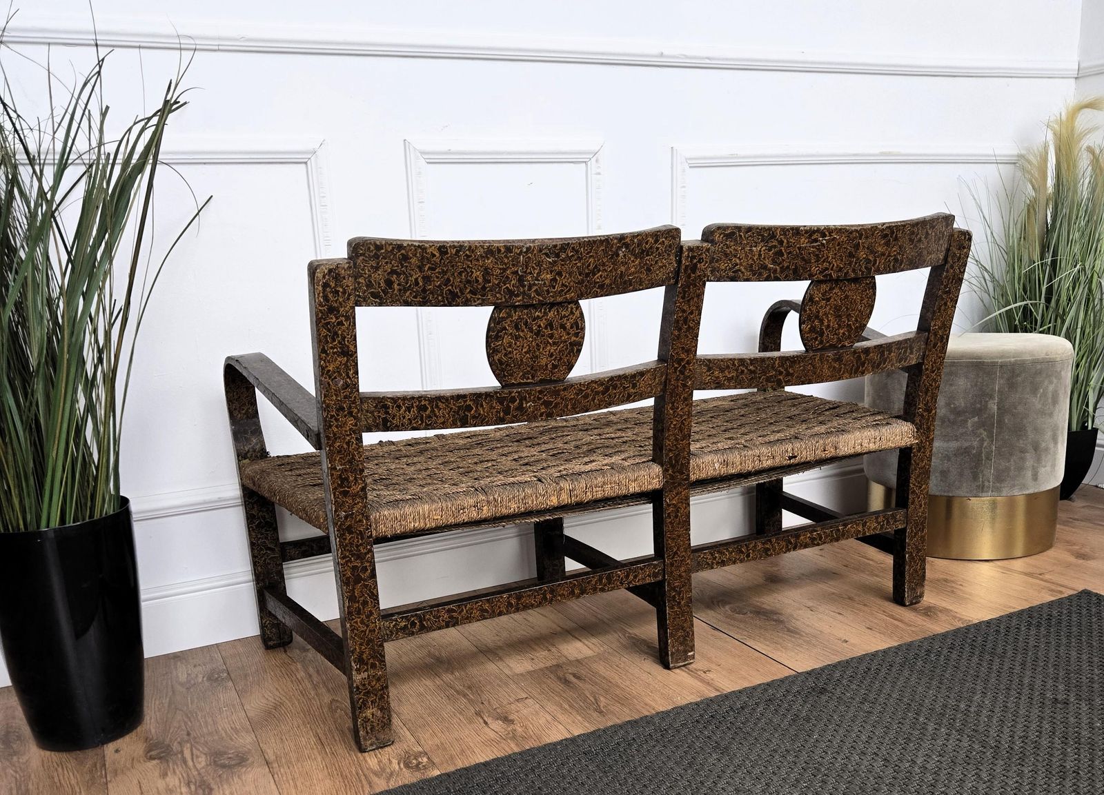 photo furniture 1960s Italian Midcentury Burl Wood And Cord Woven Rope Lounge Bench Armchair