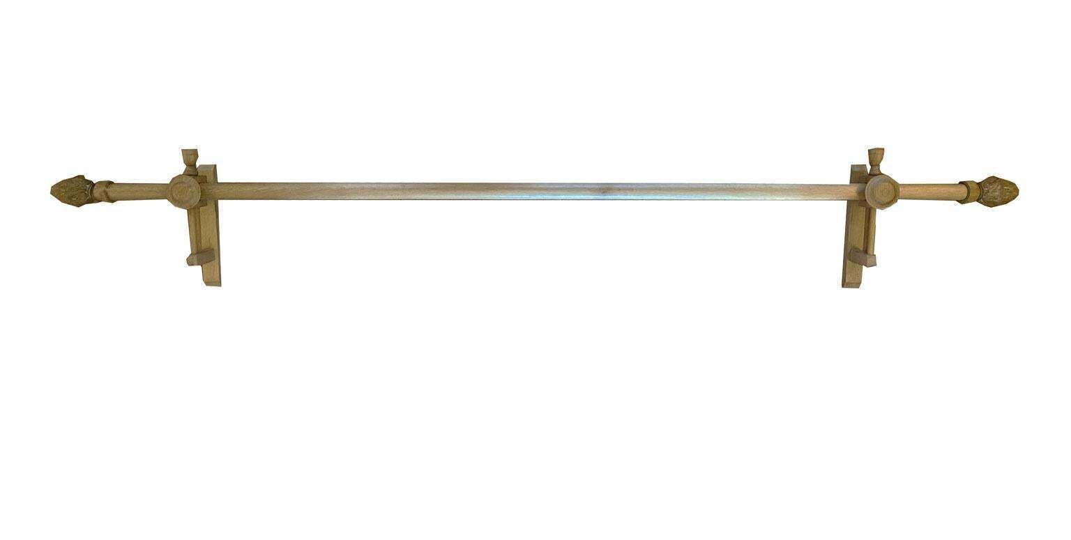 French Vintage Carved In Natural Oak Wood Curtain Rod With Wooden Rings photo furniture