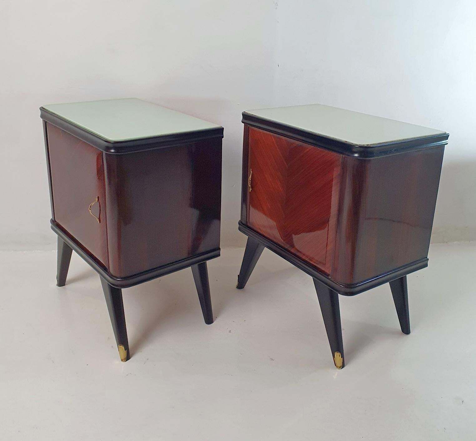 Handmade Mid Century Modern Nightstands In Walnut & Glass, Italy 1950 photo vinterior