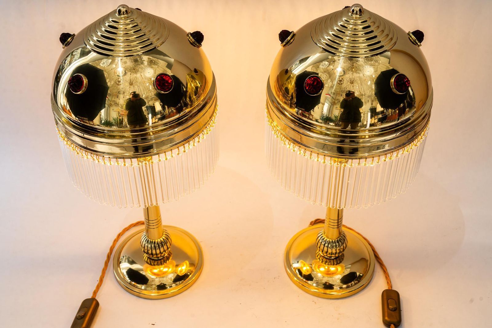 Lighting 2x Art Deco Table Lamps With Red Opaline Glass Stones Vienna Around 1920s photo
