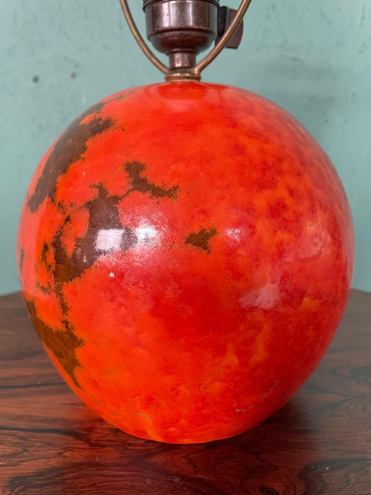 Art Deco Hak Herman Kähler Pottery Lamp, C.1930s Orange Globe With Brass Detais photo 206.0