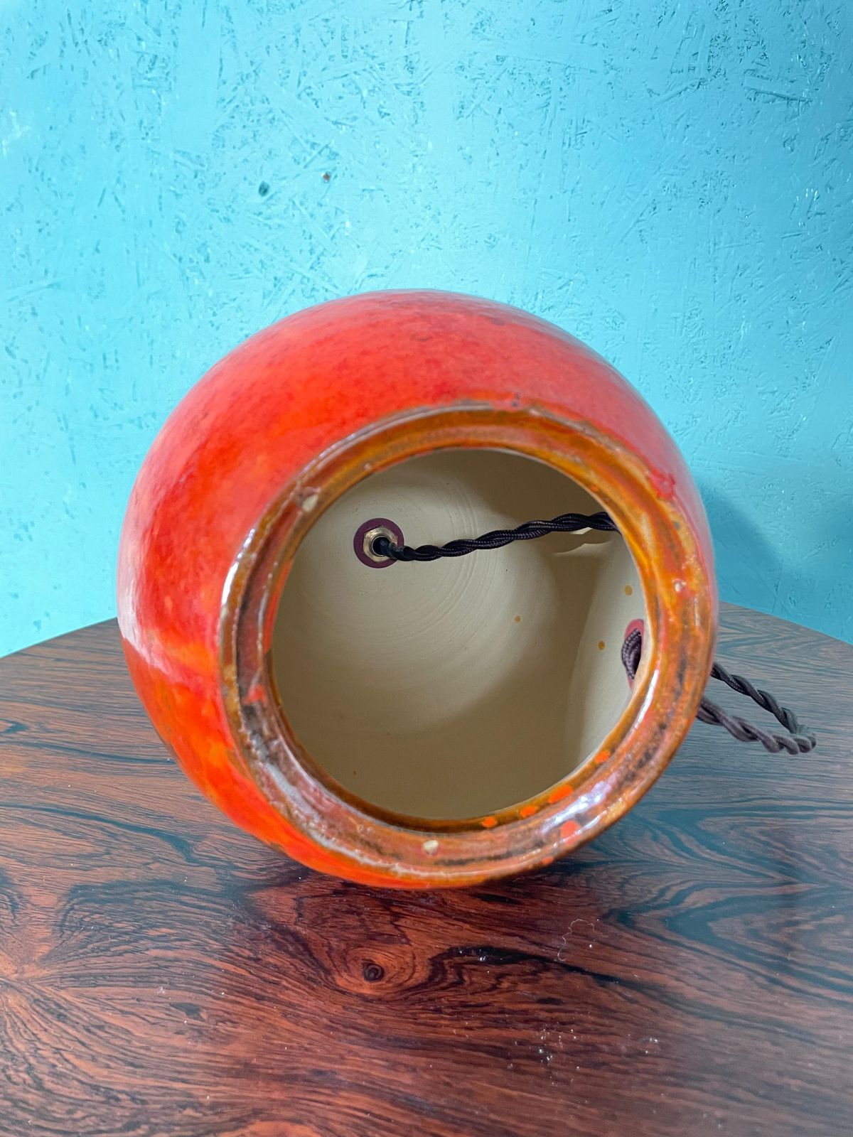 Art Deco Hak Herman Kähler Pottery Lamp, C.1930s Orange Globe With Brass Detais photo vintage