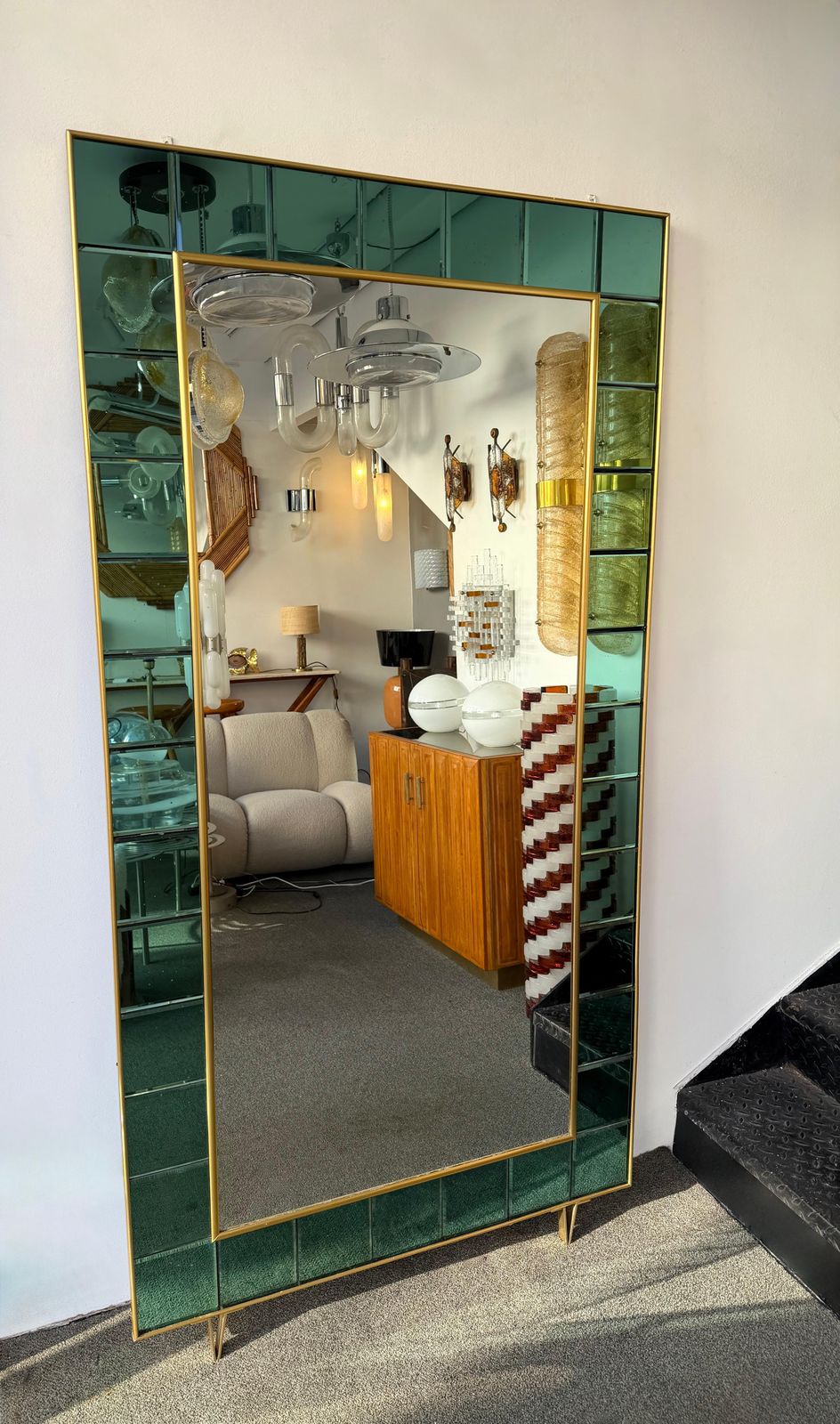 Extra Large Floor Mirror Green Glass And Brass By Cristal Art Italy, 1960s photo Home Decor