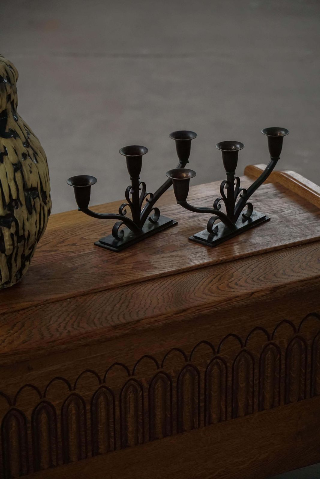 Early 20th Century, Pair Of Art Deco Danish Metal Three Arm Candelabra, 1930s photo 214.0
