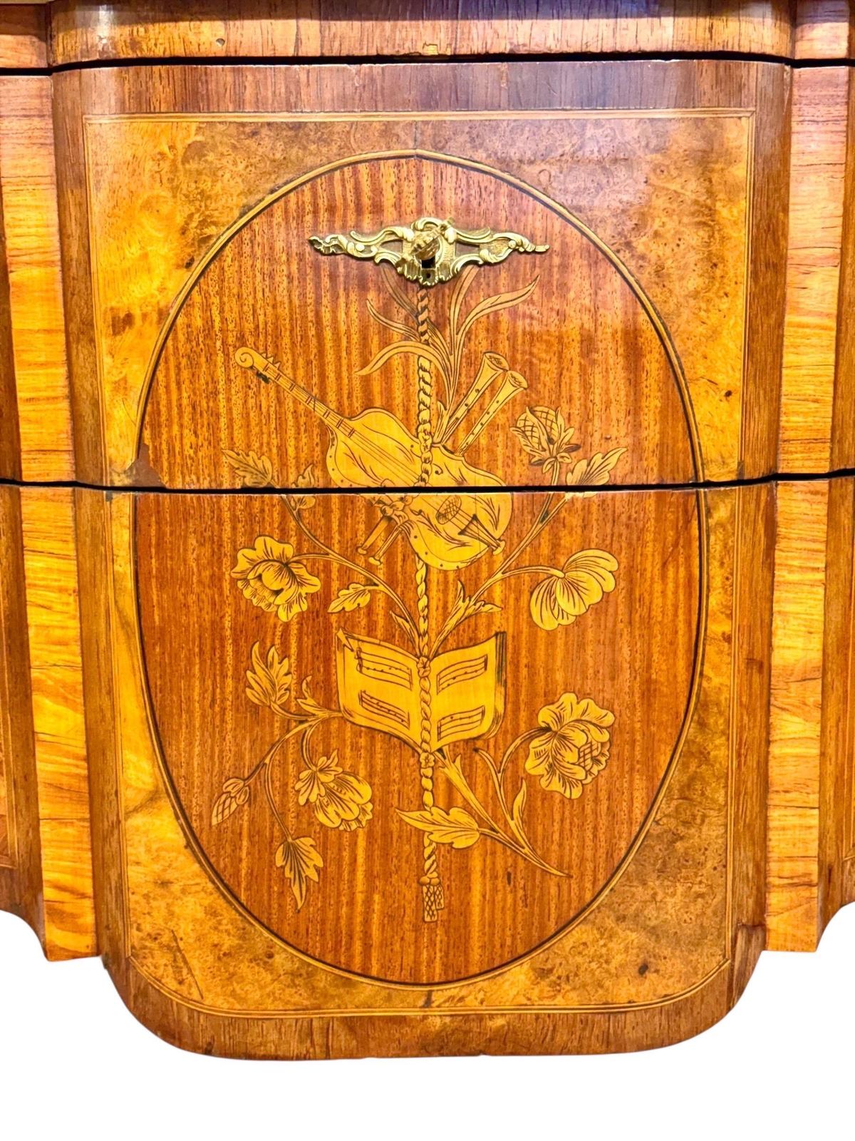 French Louis XV Style Marquetry Commode With Marble Top, Late 19th Century photo for sale
