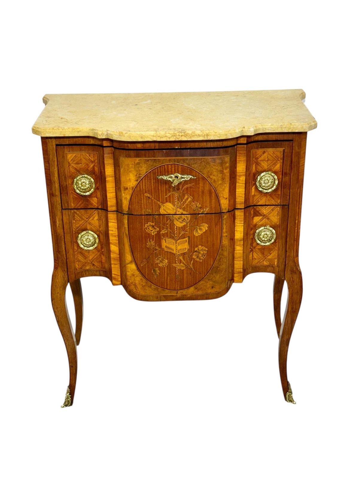French Louis XV Style Marquetry Commode With Marble Top, Late 19th Century photo vintage