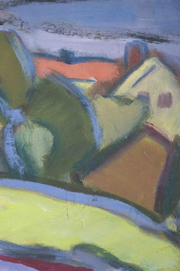 Swedish Artist. Oil On Board. Rural Scenery With Houses. Ca. 1960s photo for sale