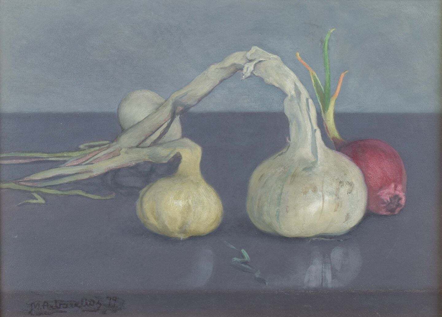 M. Arborelius. Oil On Panel. Still Life With Onions And Garlic. 1979