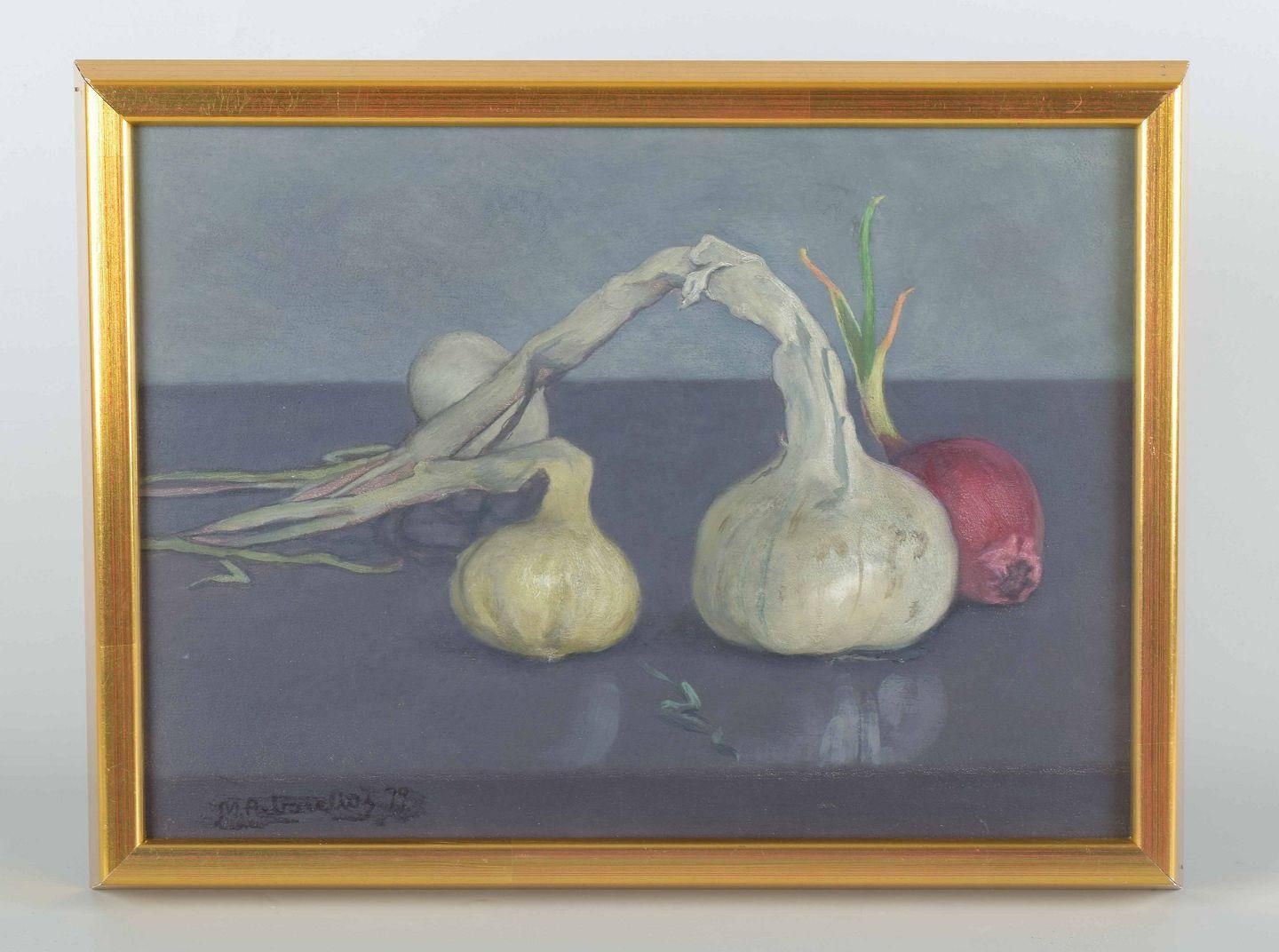 M. Arborelius. Oil On Panel. Still Life With Onions And Garlic. 1979 photo furniture