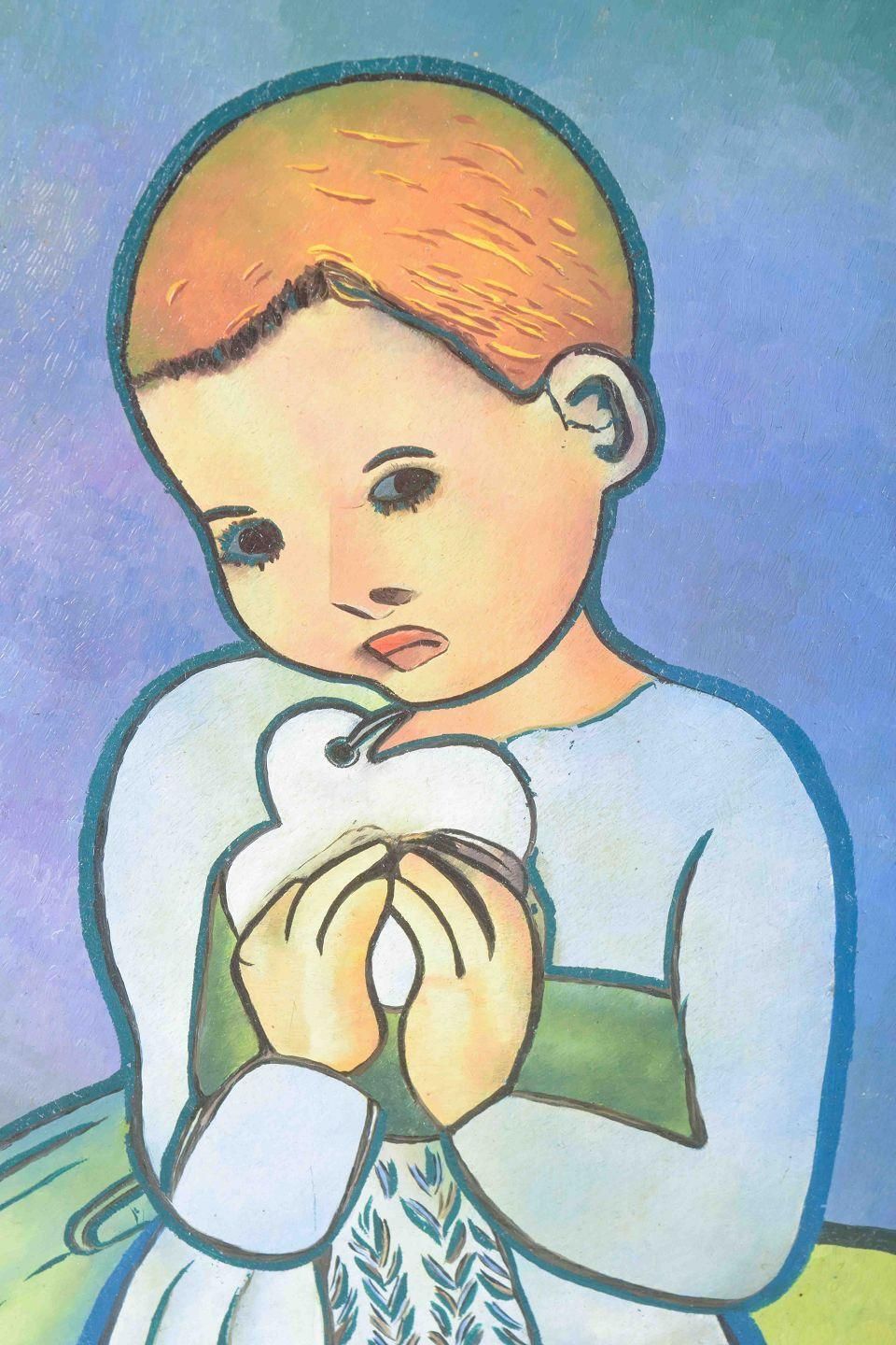 Child Holding A Dove. Oil On Canvas. Painted After Pablo Picasso. photo for sale