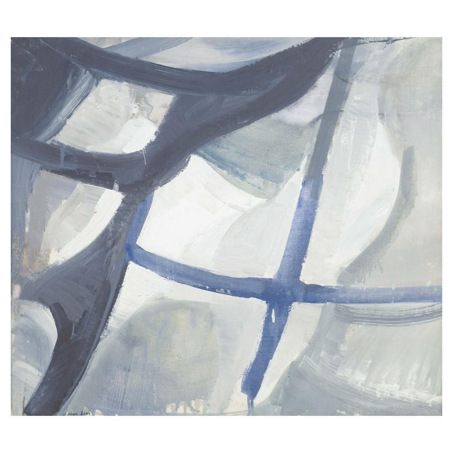 Allan Erwö. Oil On Canvas. Abstract Composition In Blue, White And Grey Tones.