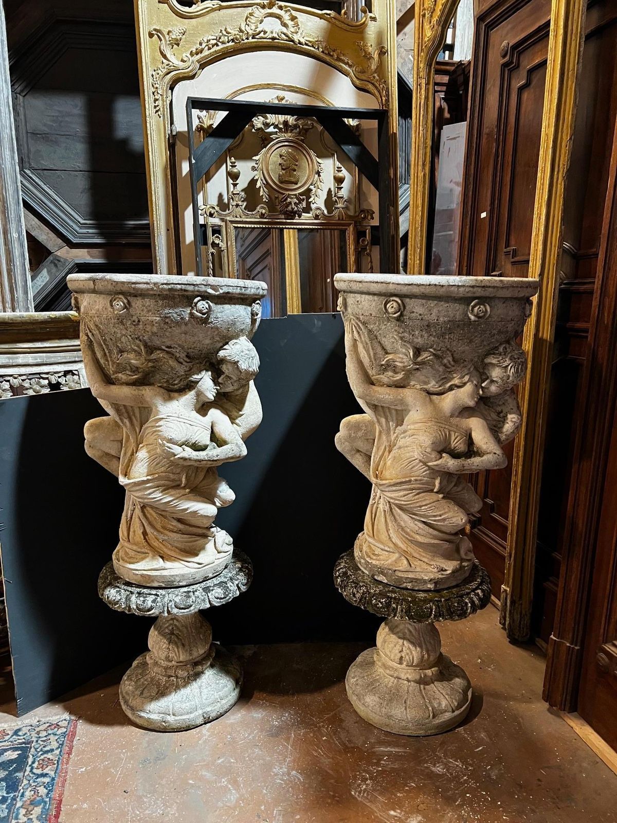 Pair Of Large Composite Stone Vases With Allegorical Figures, Italy photo furniture