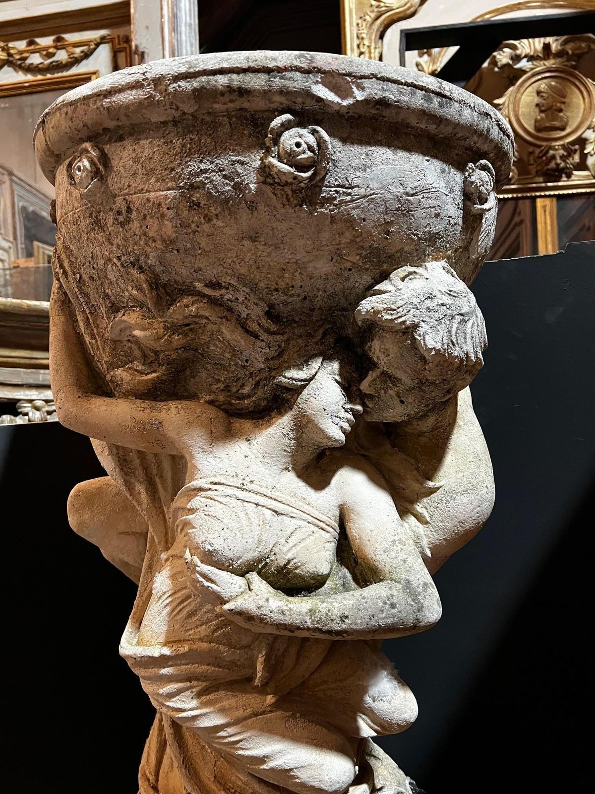 Pair Of Large Composite Stone Vases With Allegorical Figures, Italy photo vinterior