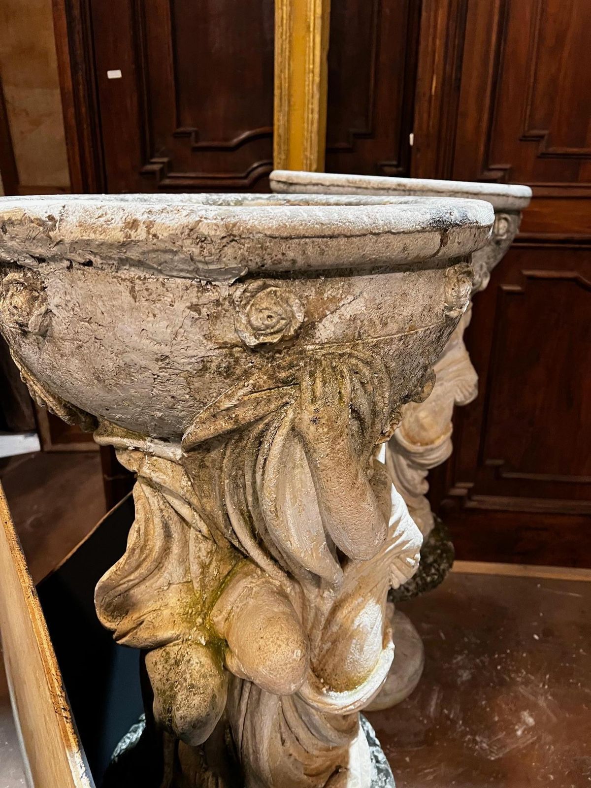 photo for sale Pair Of Large Composite Stone Vases With Allegorical Figures, Italy