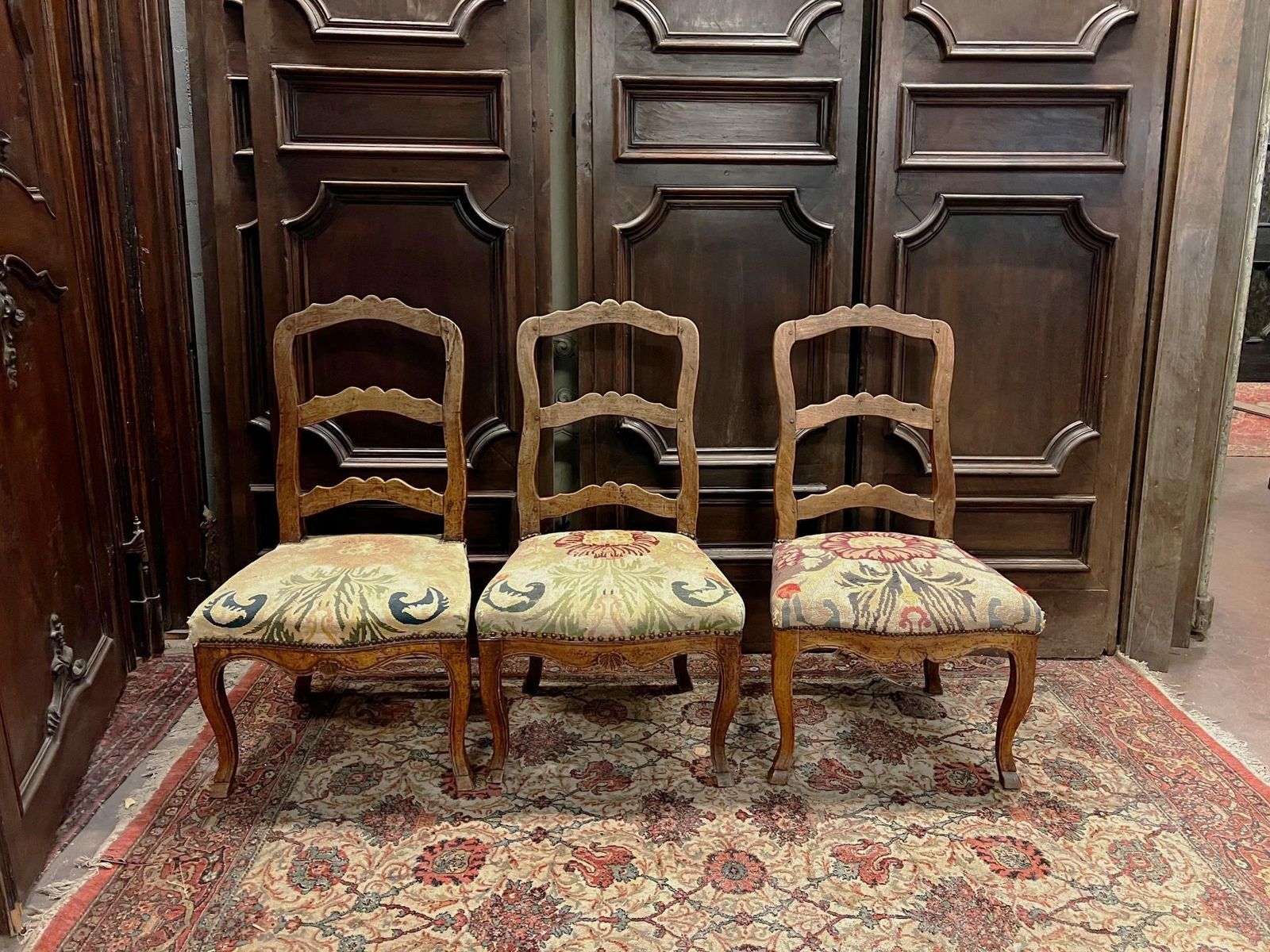 Set Of No.6 Walnut Chairs, Floral Upholstery, Italy photo for sale