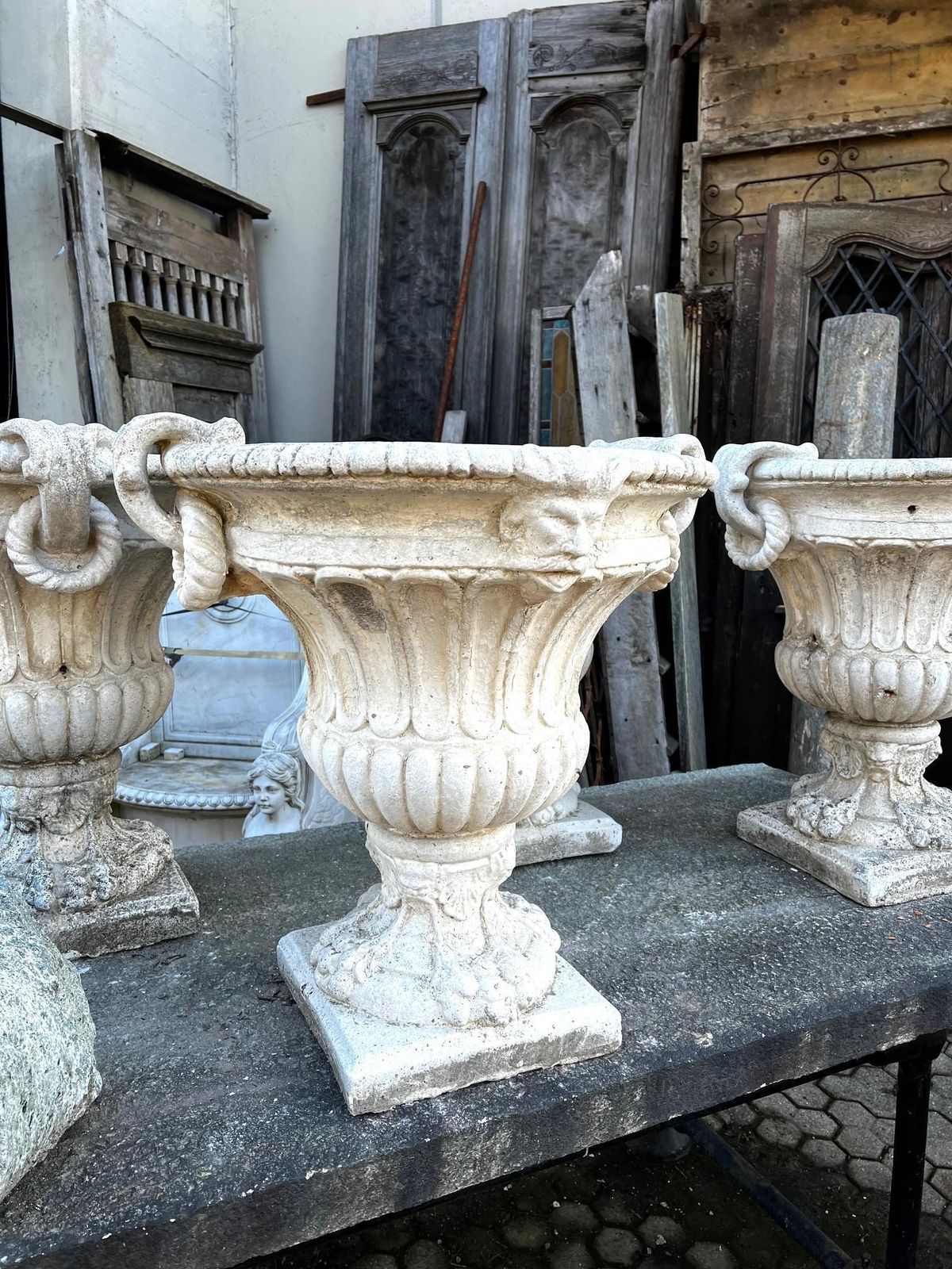 Set Of 4 Composite Stone Bowl Vases With Masks And Carved Decorations photo Home Decor