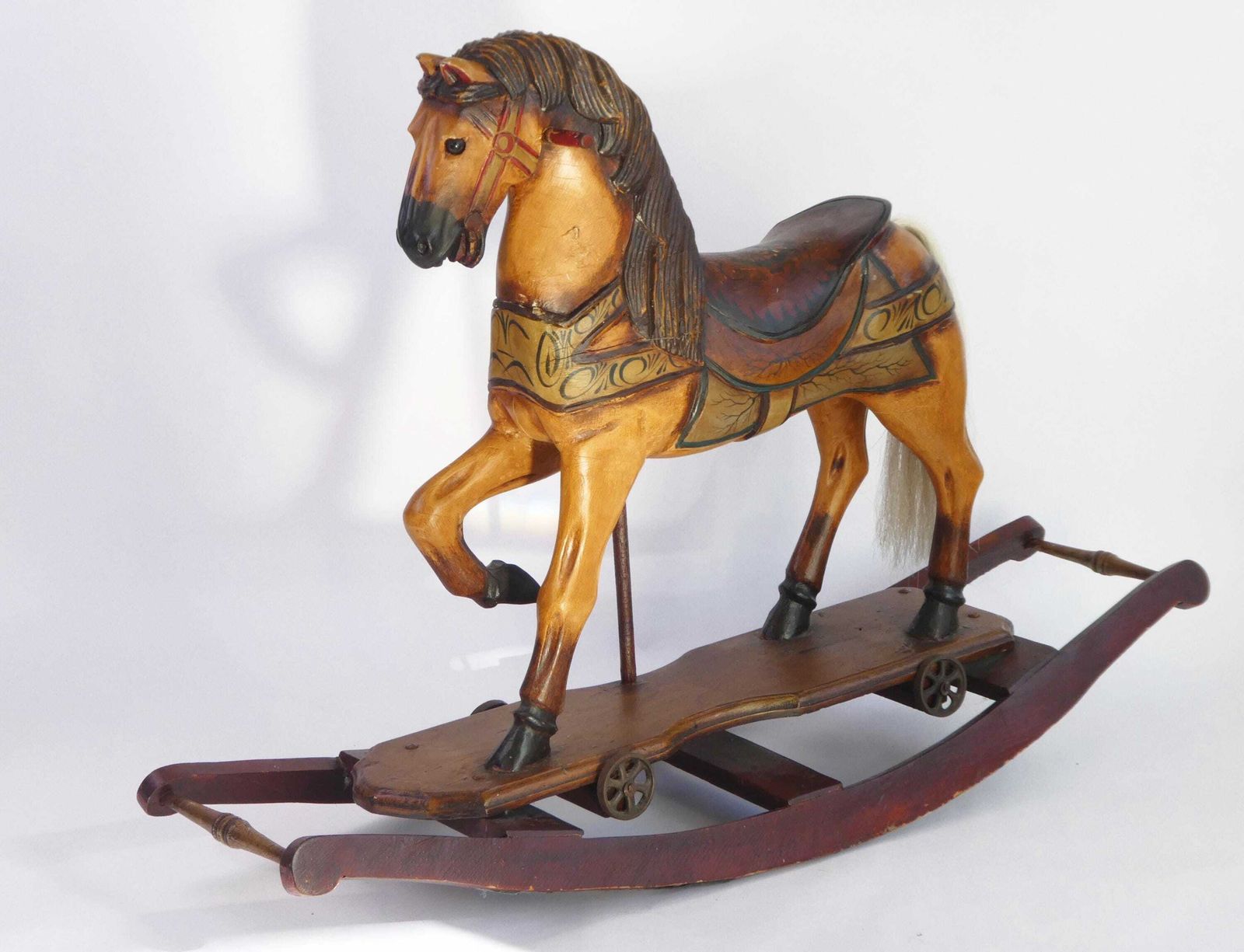 Large Old Wooden Rocking Horse With Glass Eyes, Carved Old Figurine On Wheels, Art Object
