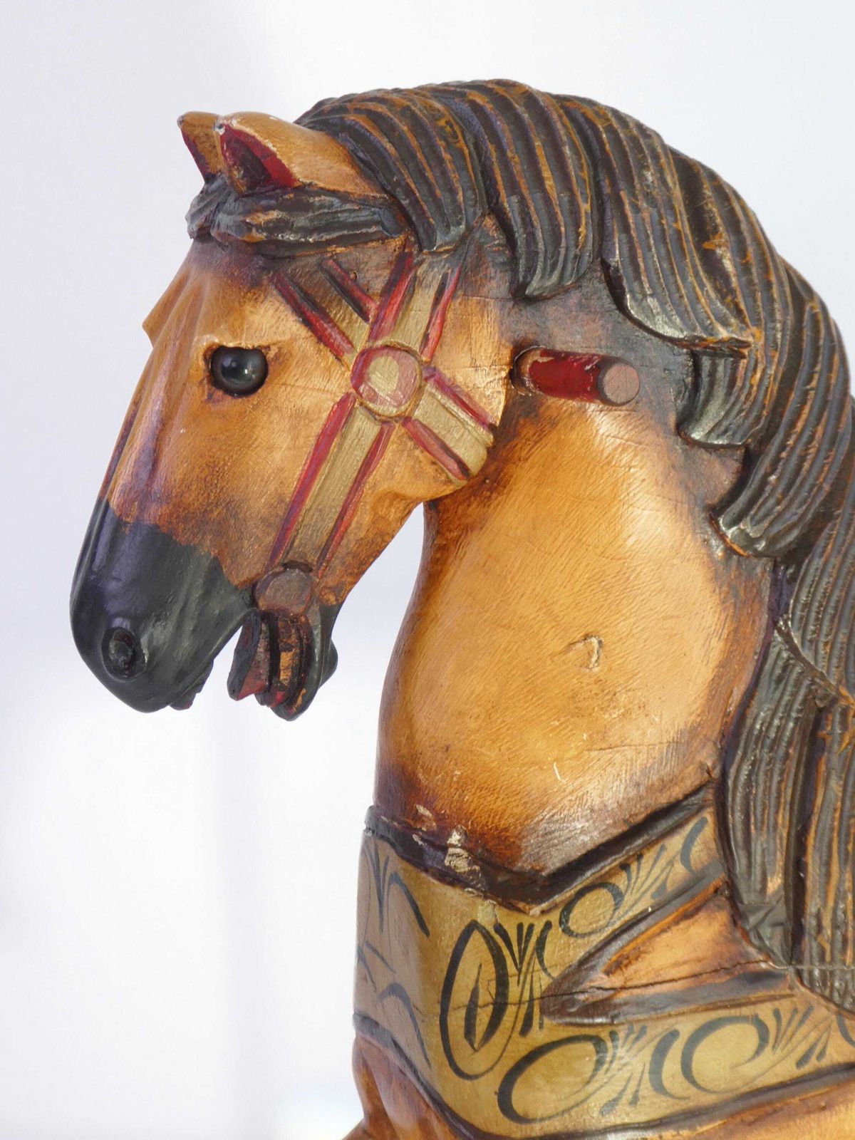 Large Old Wooden Rocking Horse With Glass Eyes, Carved Old Figurine On Wheels, Art Object photo 819.0