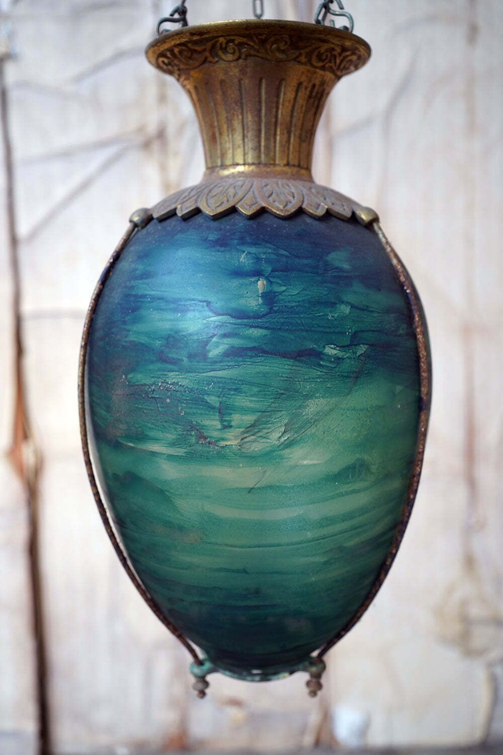 A Pair Of Patented Gilt Metal Mounted & Painted Glass Hanging Apothecary Display Carboys C.1891 photo vinterior