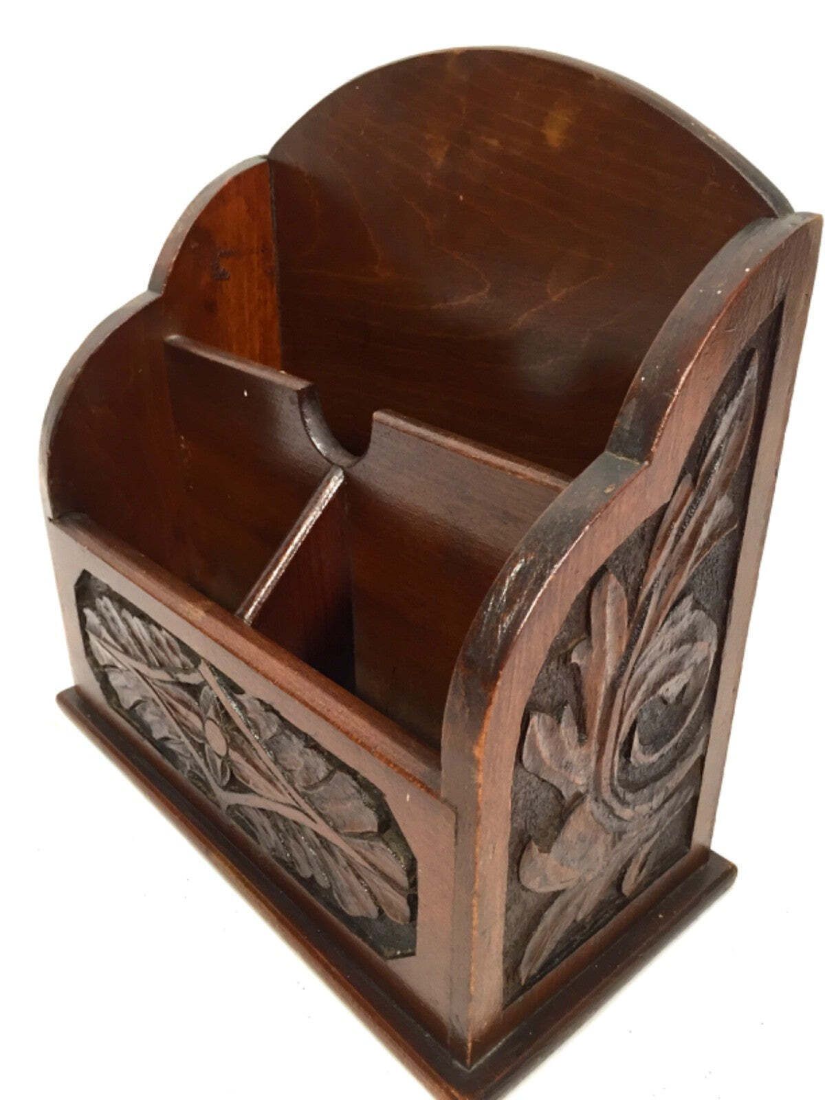 Antique Wooden Hand Carved Desktop Letter Rack / Stationery Holder C.1930 photo furniture