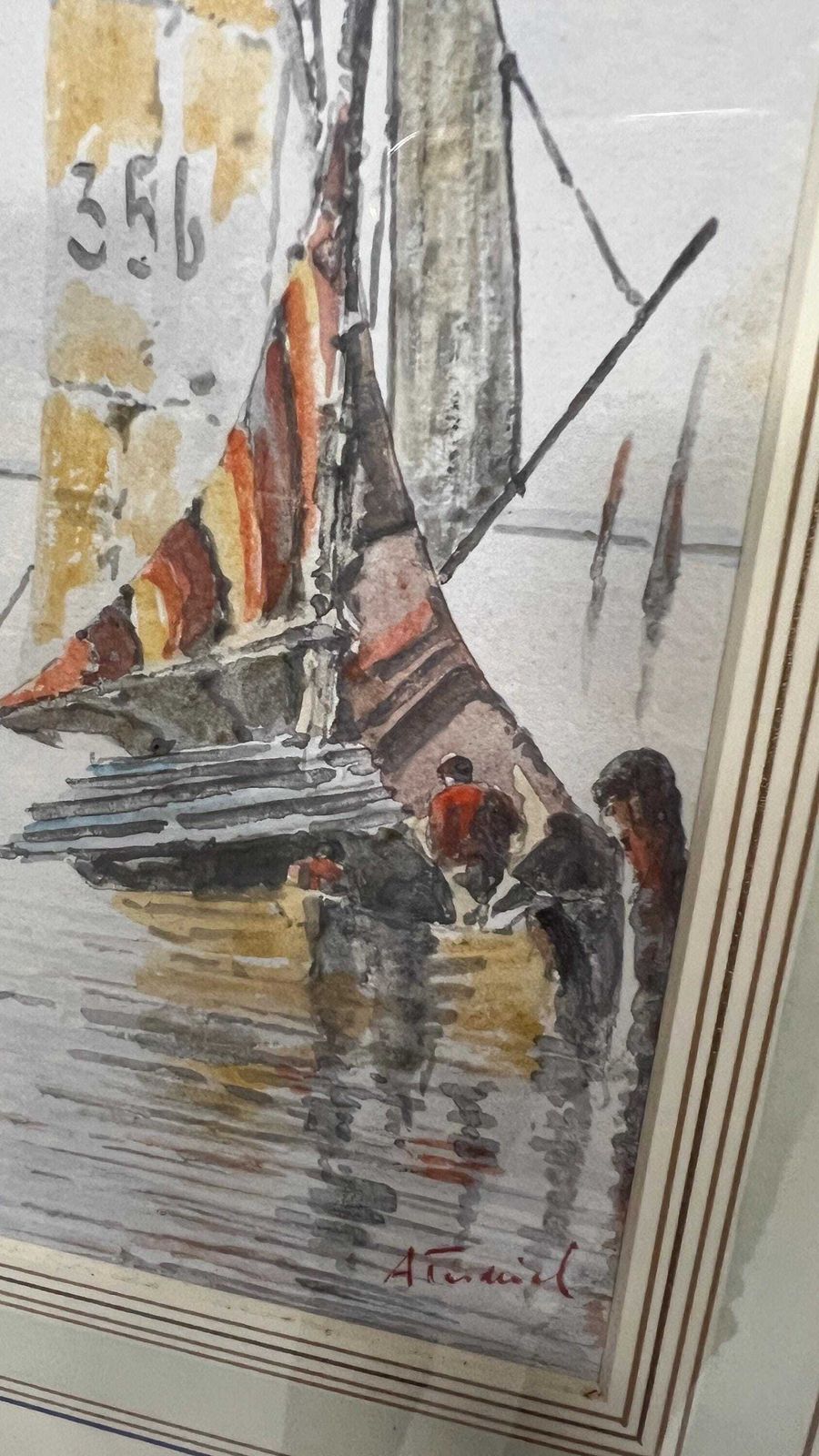 Pair Signed Original Watercolour Pictures Of Sailing Boats Coastal Scenes photo vintage