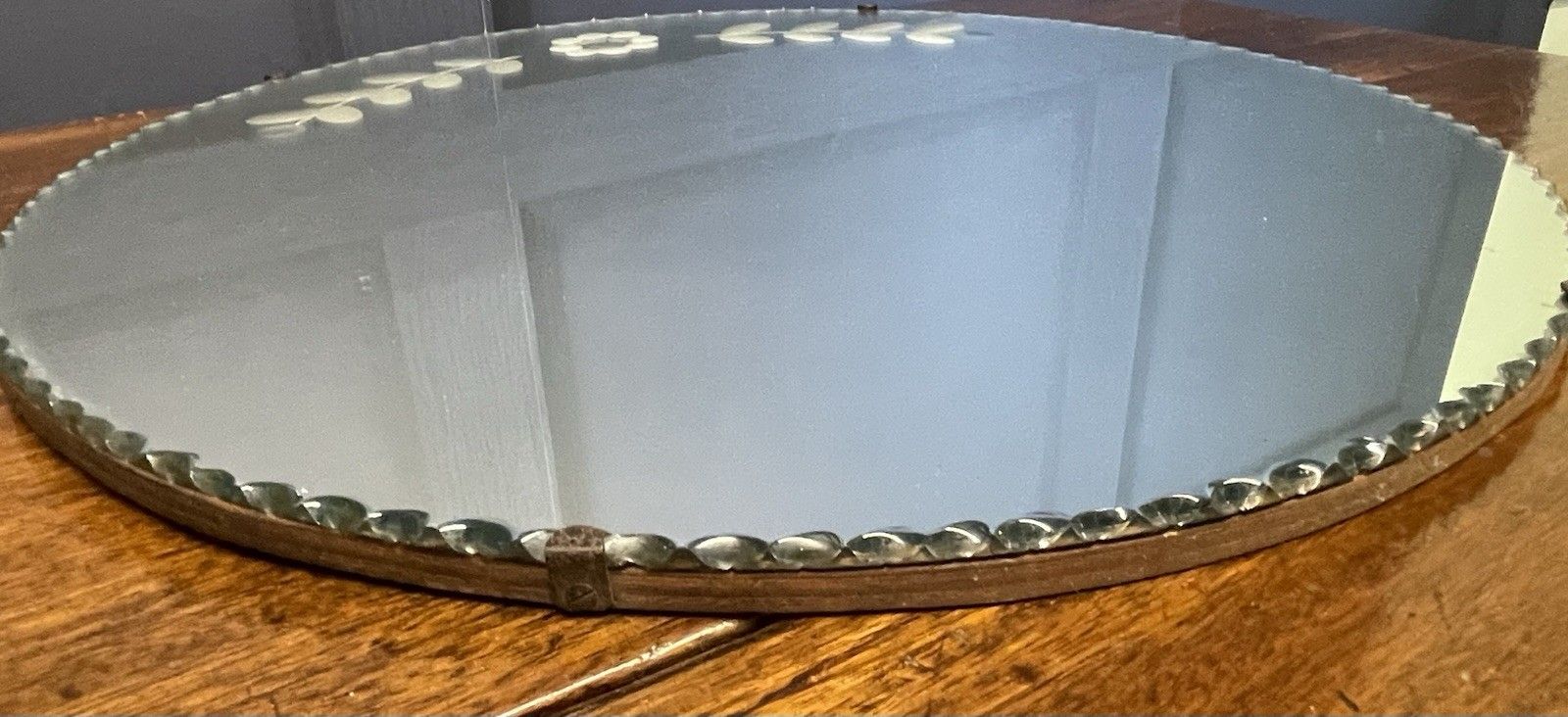 photo furniture Antique Art Deco Round Mirror Pie Crust Edge Floral Design With Sorcerer’s Spots