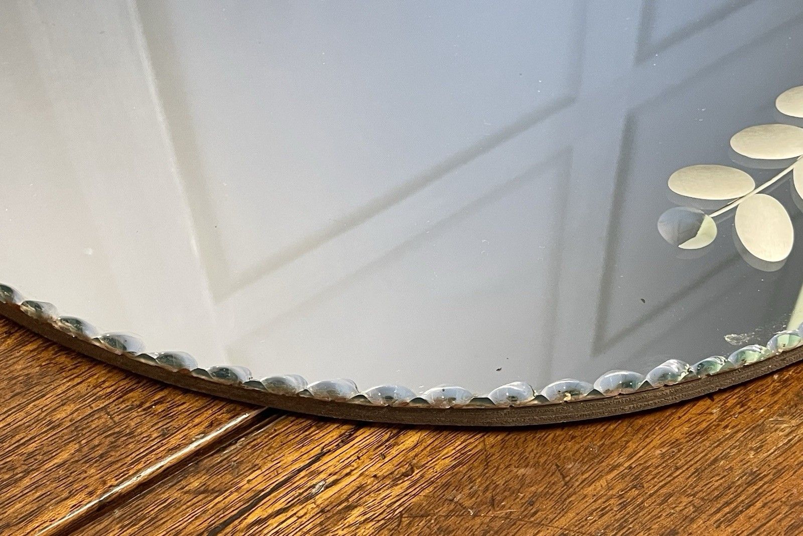 photo buy Antique Art Deco Round Mirror Pie Crust Edge Floral Design With Sorcerer’s Spots