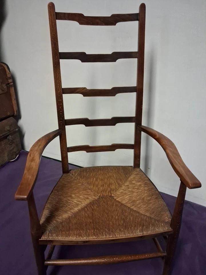 Antique Art Nouveau Low Ladder Back Chair With Woven Rush Seating photo for sale