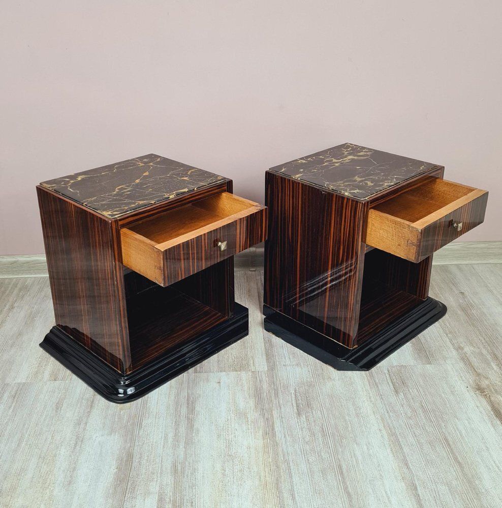 photo for sale Art Deco Bedside Tables In Makassar Ebony And Portoro Marble, 1930s, Set Of 2