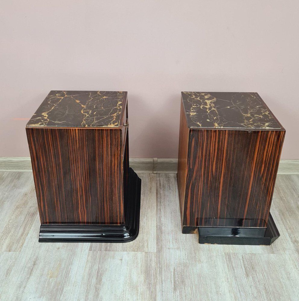 Furniture Art Deco Bedside Tables In Makassar Ebony And Portoro Marble, 1930s, Set Of 2 photo