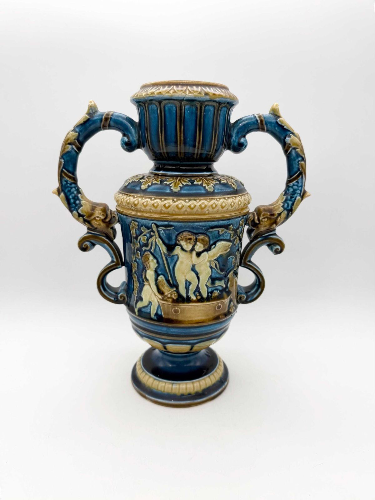 photo for sale Antique Continental Majolica Vase, Schutz Blansko Cherub Putti Vase Circa 1900