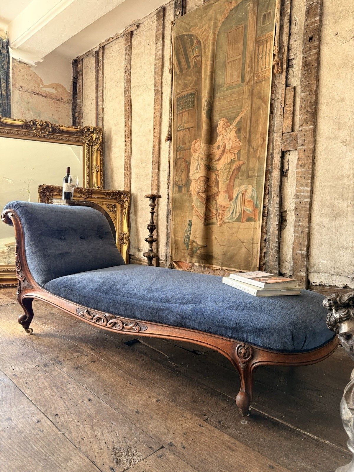 Rare Elegant Antique Walnut Carved Blue Statement French Chaise Longue Daybed photo furniture