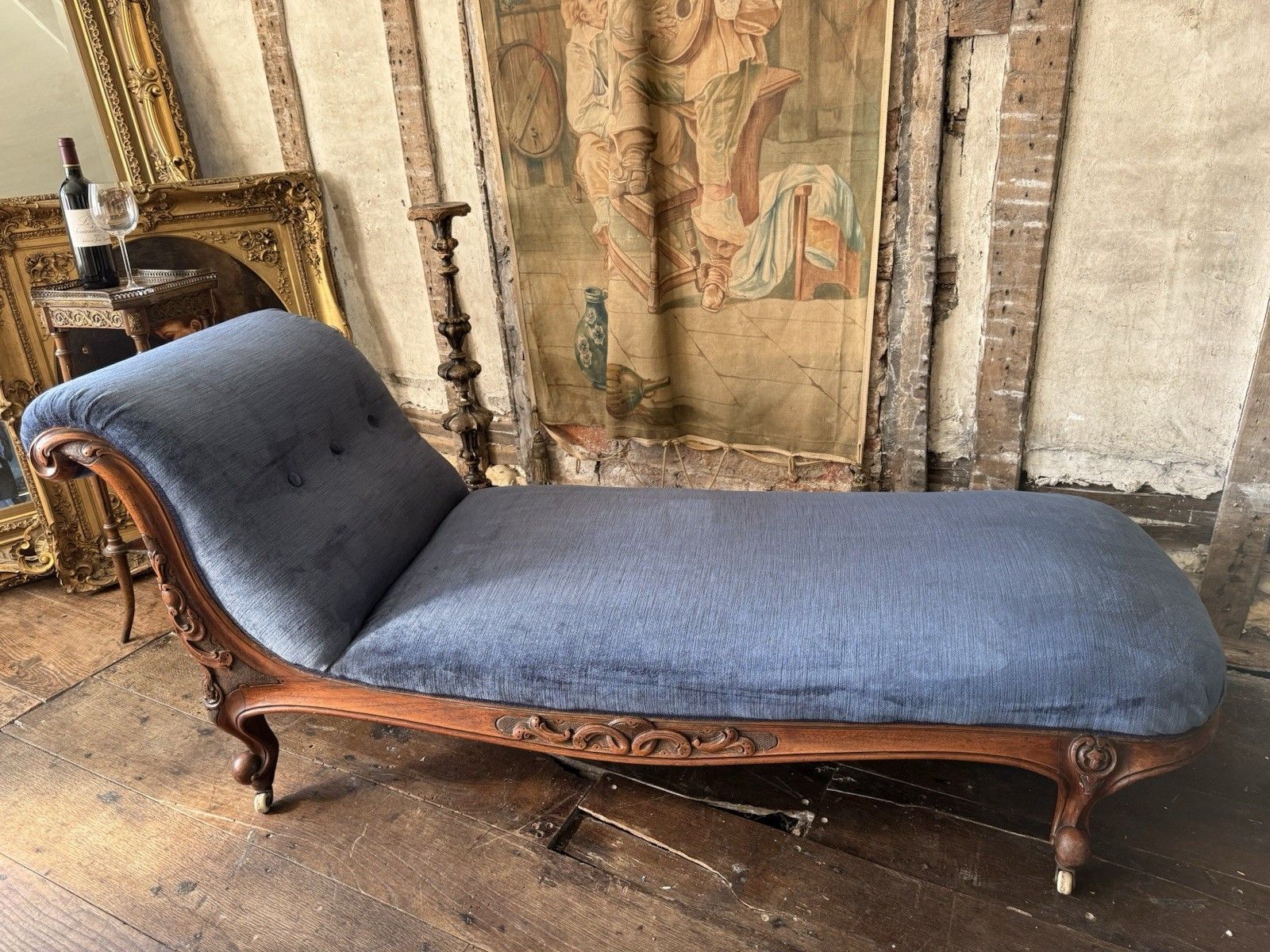 Rare Elegant Antique Walnut Carved Blue Statement French Chaise Longue Daybed photo vintage