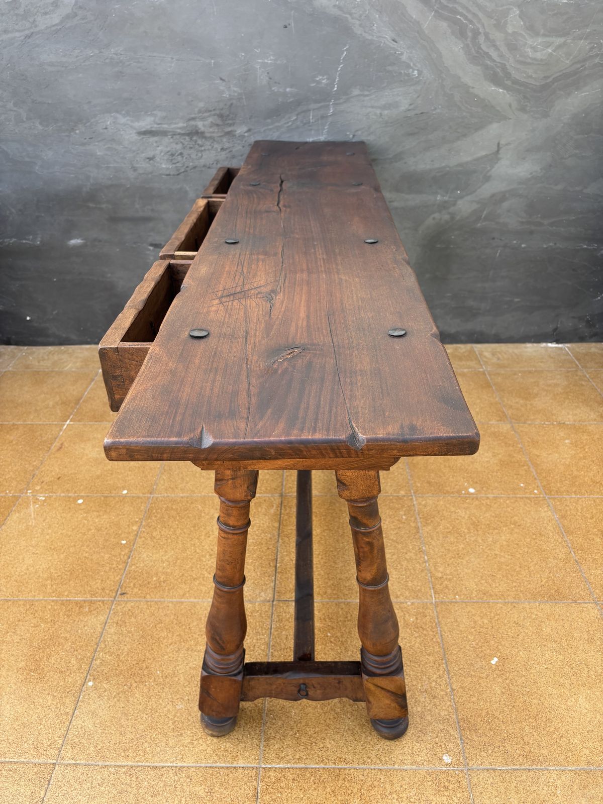 Spanish Renaissance Revival Three Drawer Console Table, Early 20th Century photo vintage