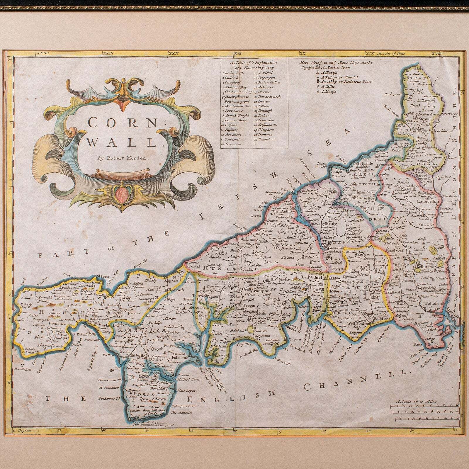 Antique Framed Cornwall Map, English, Atlas Cartography, Robert Morden, C.1700 photo Art