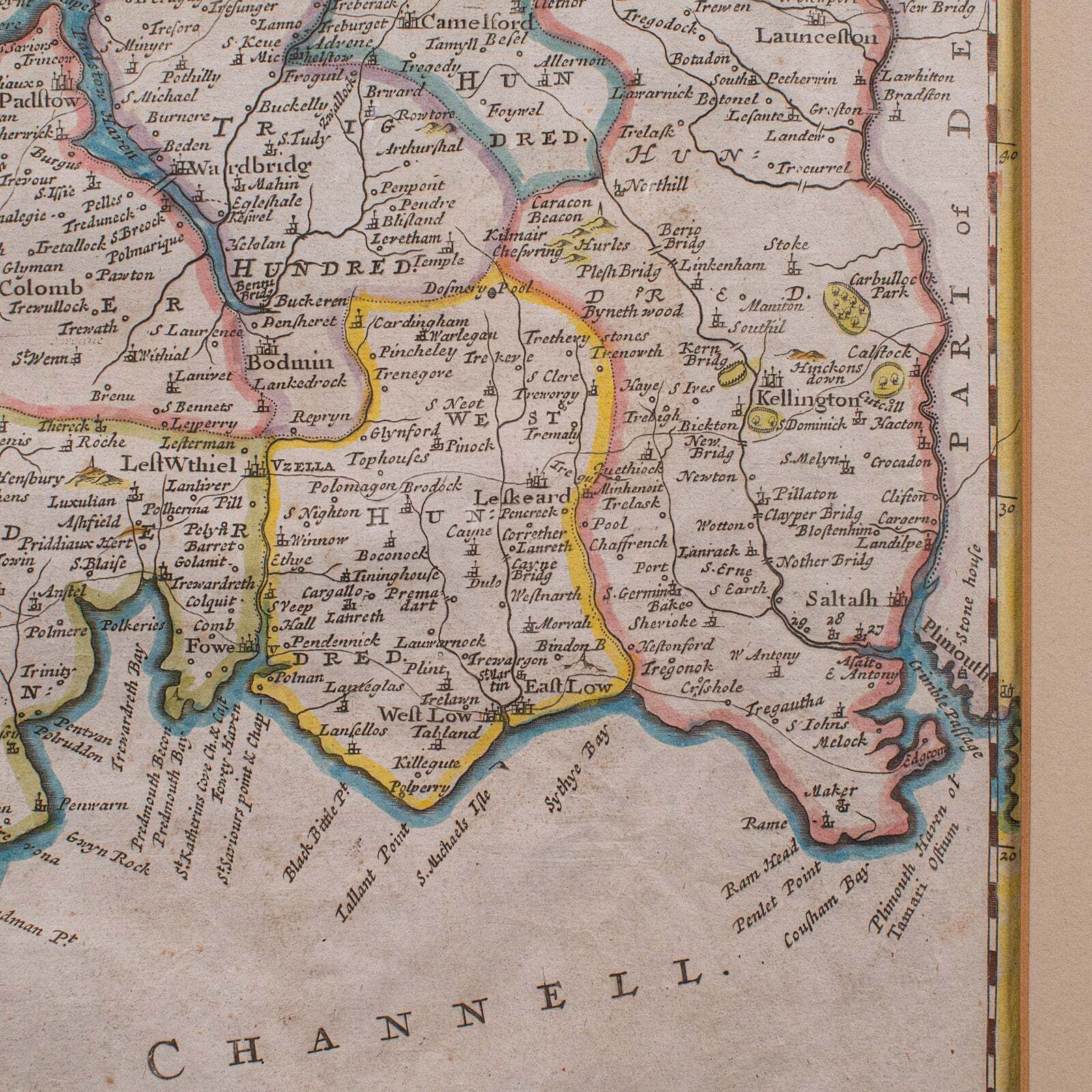 Antique Framed Cornwall Map, English, Atlas Cartography, Robert Morden, C.1700 photo vintage