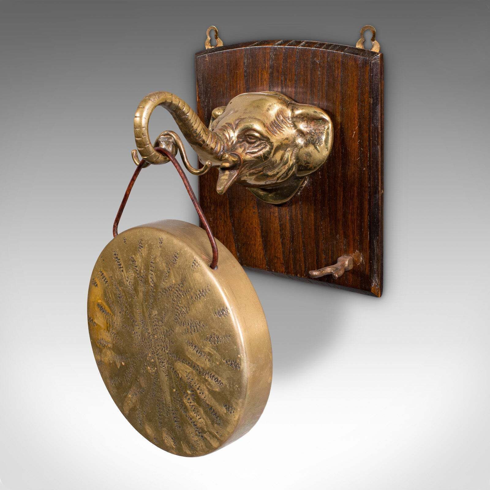 Antique Elephant's Head Gong, English, Brass, Mounted Dinner Chime, Victorian photo Home Decor