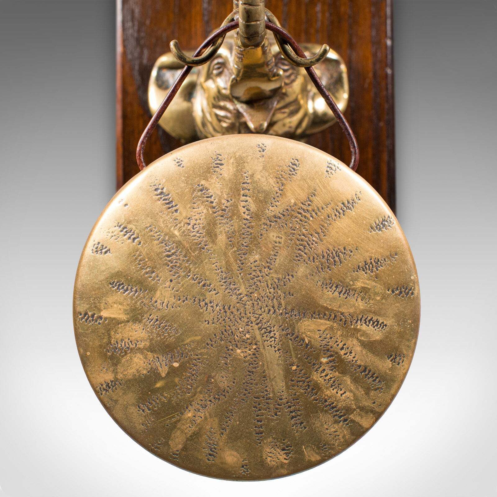 Antique Elephant's Head Gong, English, Brass, Mounted Dinner Chime, Victorian photo vintage