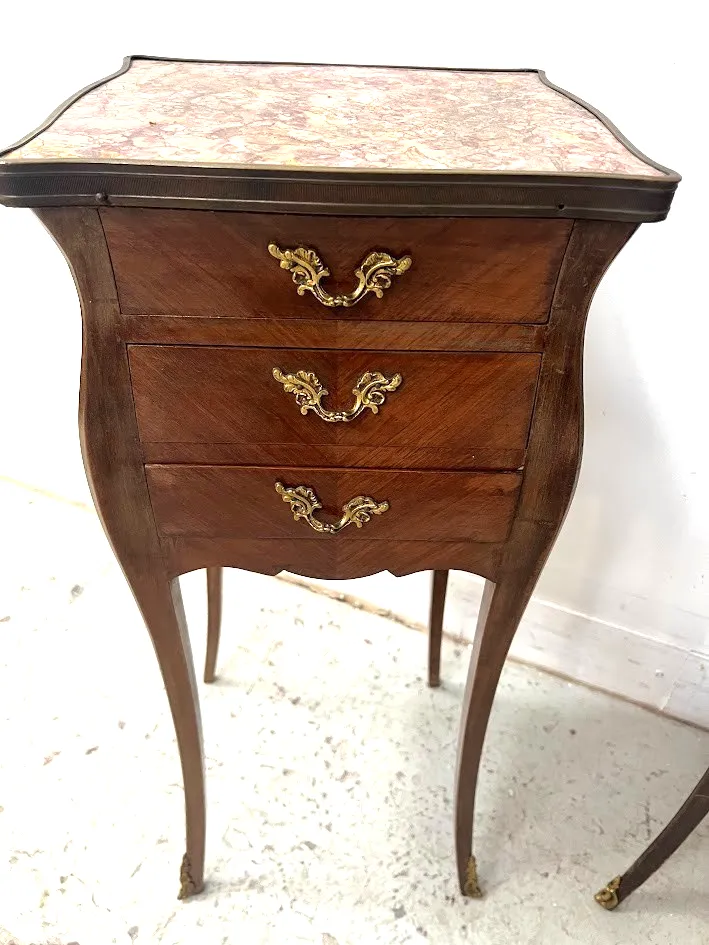Pair Of Louis XV Style Inlaid Small Dressers Marble Top 20th Century photo for sale