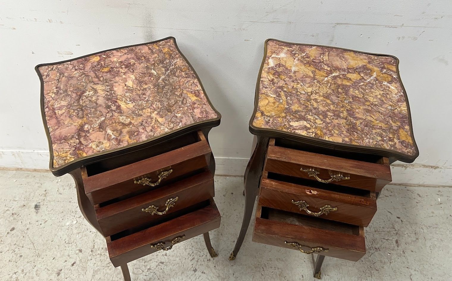 Pair Of Louis XV Style Inlaid Small Dressers Marble Top 20th Century photo Furniture