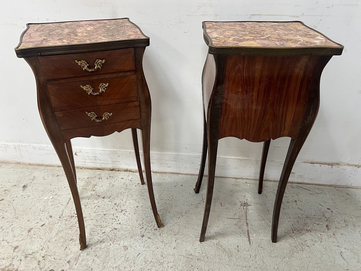 Pair Of Louis XV Style Inlaid Small Dressers Marble Top 20th Century photo buy