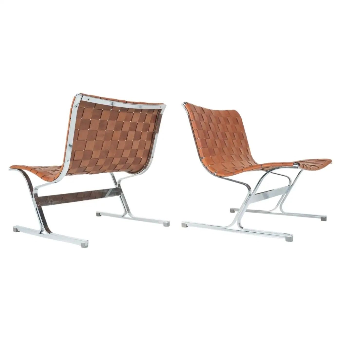 Mid Century Pair Of Lounge Chairs By Ross Littell For Icf, Cognac Leather, Italy, 1970s photo furniture