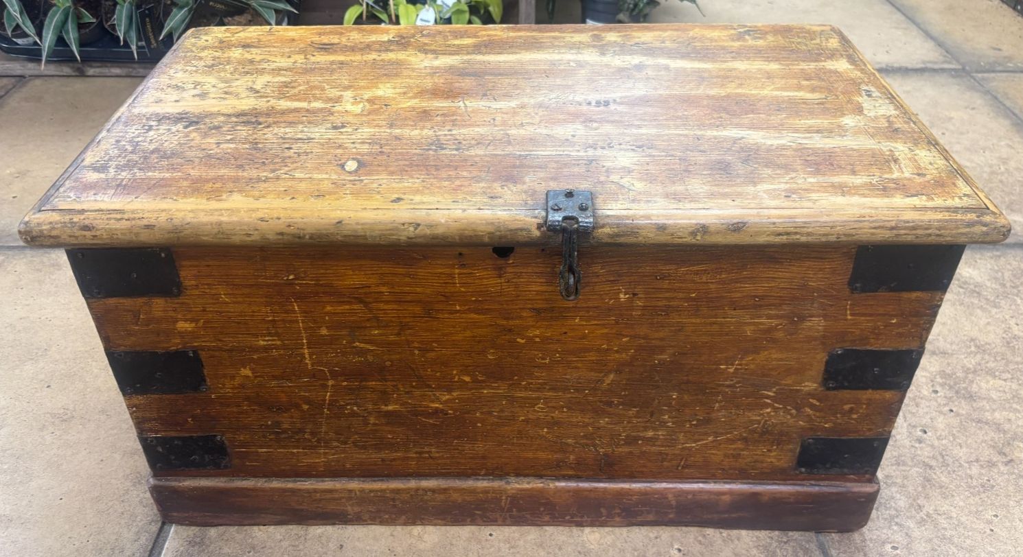 Antique Industrial Metal Bound Wooden Storage Trunk