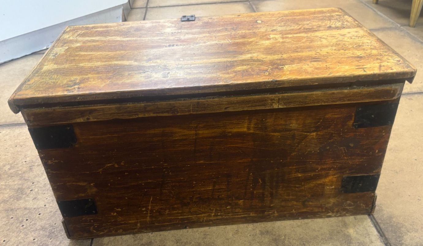 Antique Industrial Metal Bound Wooden Storage Trunk photo vinterior